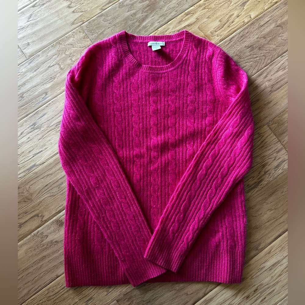 White + Warren Fuchsia Cable Knit Crewneck Sweater